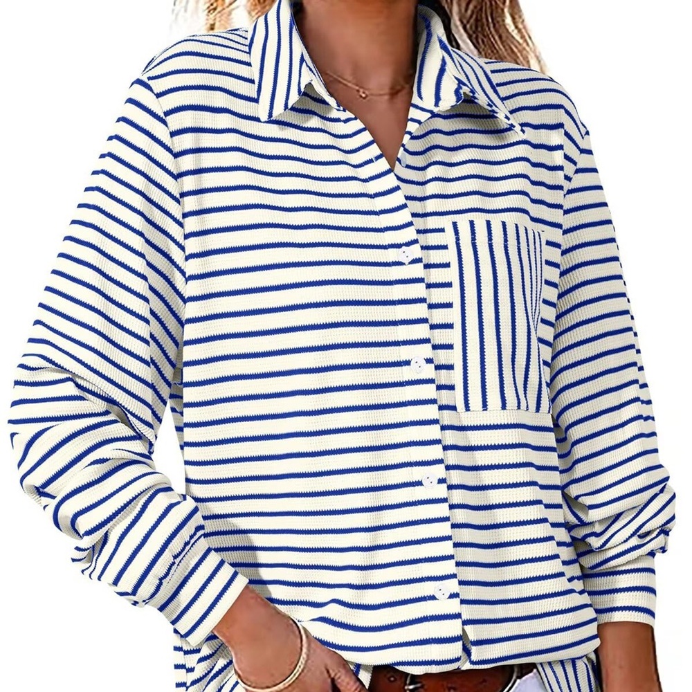 Blue White Striped Button Up Shirt Women's Medium Long Sleeve Ribbed Waffle Knit